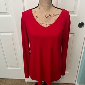 Women's Red V-Neck Long Sleeve Top